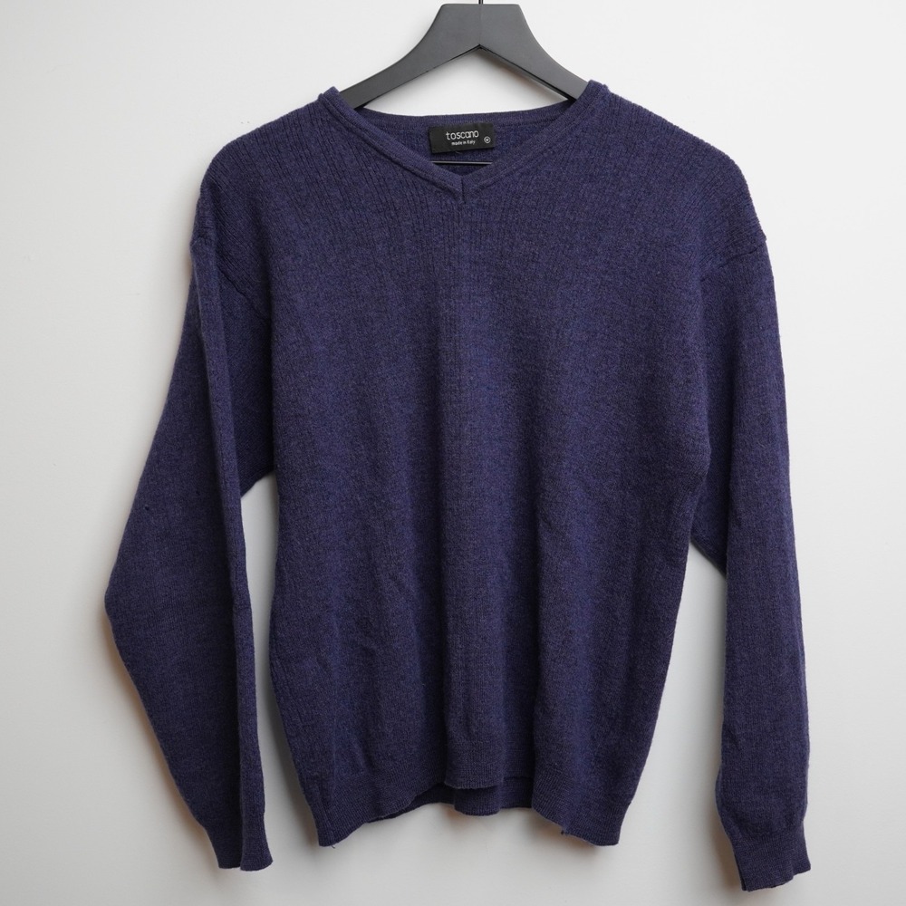 VTG Toscano Italy Sweater Navy M Pure Woolmark Vneck Long Sleeve Preppy 90s Mens